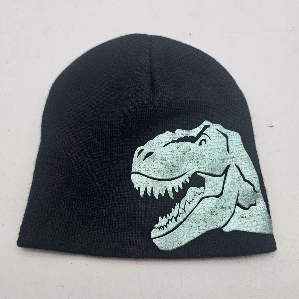 T-Rex Dinosaur Hat Beanie Boys One Size Black Knit Winter Graphic Print